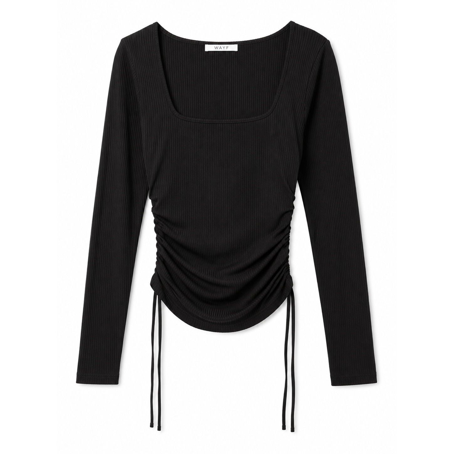 Wayf Womens Black Ribbed Ruched Square Neck Long Sleeve Top Large New